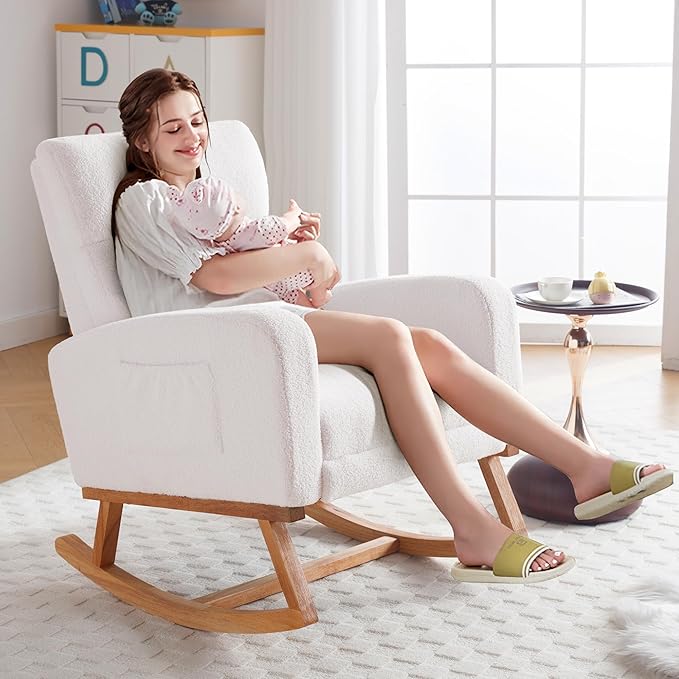 Rocking Chair Nursery with Foot Rest Nursing Rocking Chairs for Mom Nursery Teddy Rocker Glider with High Backrest for Living Room Bedroom White