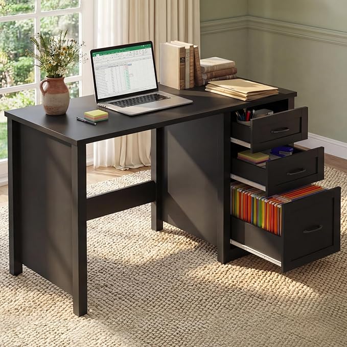 Farmhouse 47” Executive Desk with File Drawer Mutual Installation Rustic Computer Desk with 2 Storage DrawersOffice Home Workstation for Work Study Writing Black