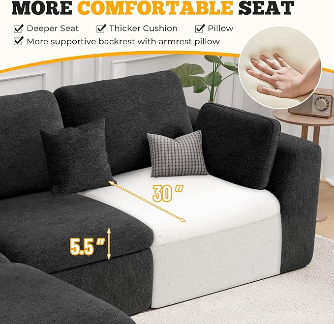 Loveseat Sofa Cloud Boneless Couches for Living Room 2 Seater Modular Sectional SofaOversizedBlack Chenille