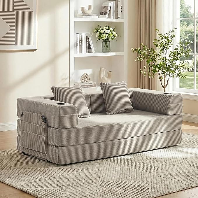 WELAX 72.8 Convertible Sleeper Sofa Bed Boneless Cloud Queen Futon Couches with Cupholders &amp Storage Pockets Corduroy Folding Floor Couch for Bedroom Apartment No Assembly Light Gray