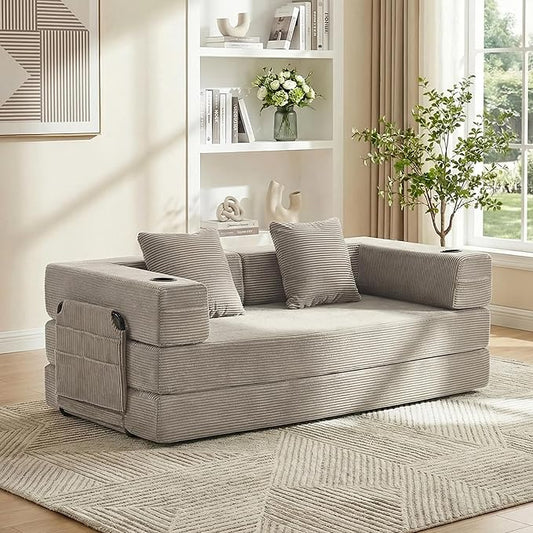 WELAX 72.8 Convertible Sleeper Sofa Bed Boneless Cloud Queen Futon Couches with Cupholders &amp Storage Pockets Corduroy Folding Floor Couch for Bedroom Apartment No Assembly Light Gray