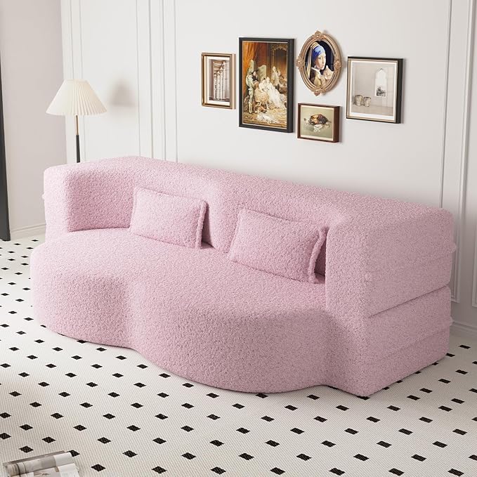 Newfun 78 Convertible Sofa Bed 2 in 1 Folding Couch Bed Futon Sofa Bed with Two Pillows Loveseat Sofa for Living Room Bedroom Lounge Compressed Modern Sofa No Assembly Required (Pink)