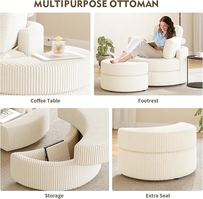 MEISSALIVVE Swivel Accent Chair with Half Moon Ottoman Round Chairs with Drawer Storage for Living Room 360° Barrel Chair with USB Charging Port (White Corduroy)