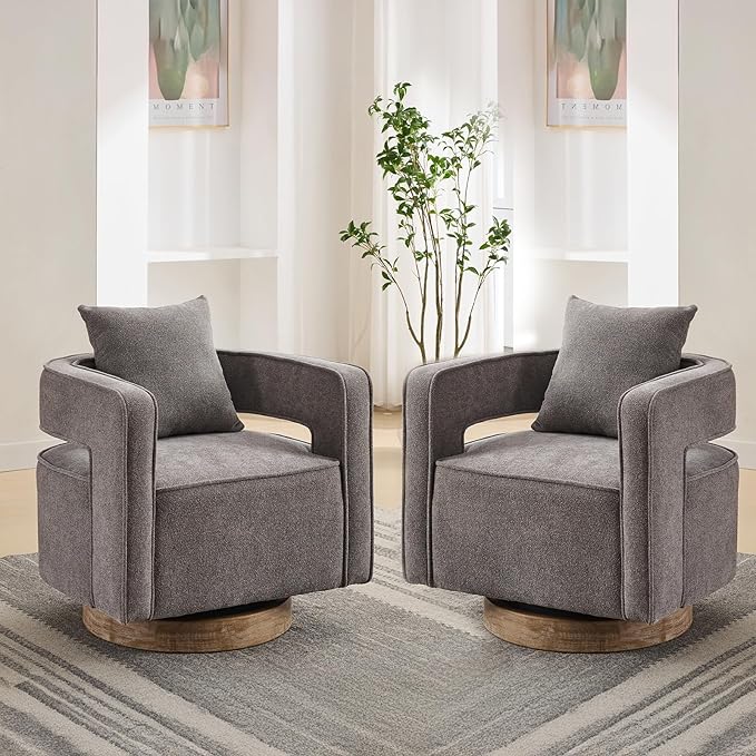 Swivel Accent Chairs Set of 2 Upholstered 360° Round Barrel Arm Chair with Open Back &amp Wood Base Comfy Linen Blend Square Single Club Chair for Living Room Bedroom Office Hotel Reception (Charco