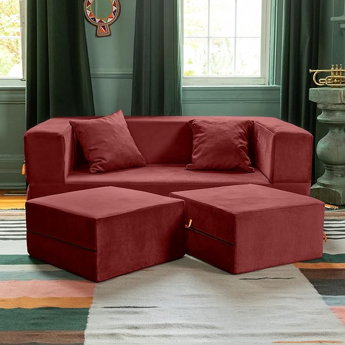 Jaxx Zipline Convertible Sleeper Loveseat &amp Ottomans Textured Microvelvet - Berry Red