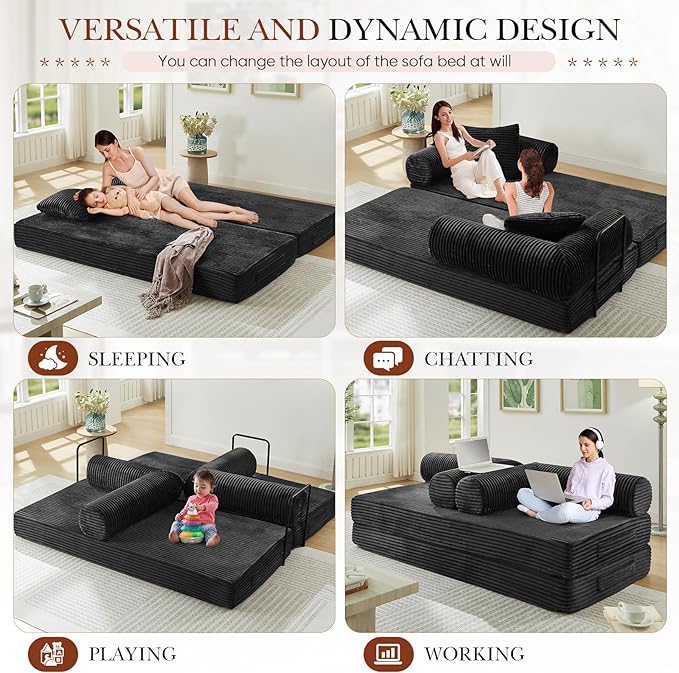 Modular Couch Bed Convertible Folding Plush Corduroy Comfy Floor Memory Foam Compression Loveseat Sleeper Sofa Couch King Size Bed for Guest Room Living Room Bedroom No Assembly Required Black