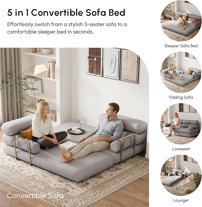 homary Velvet Futon Sofa Bed 81 3-Seater Convertible Couch with Detachable Pillows Stainless Steel Legs Modern Sleeper Sofa for Living Room &amp Apartment (Light Gray)