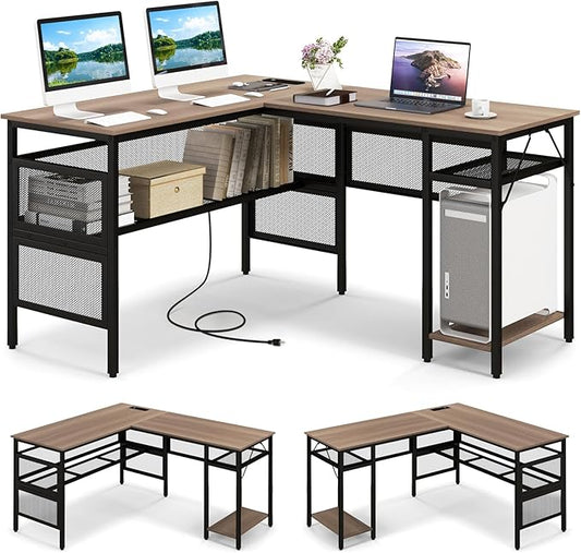 Giantex L Shaped Desk with Power Outlets Type C &amp USB Port Reversible Corner Computer Desk with Mesh Storage Shelves CPU Stand 2 Person Gaming Table Modern Home Office Desk Computer Workstati