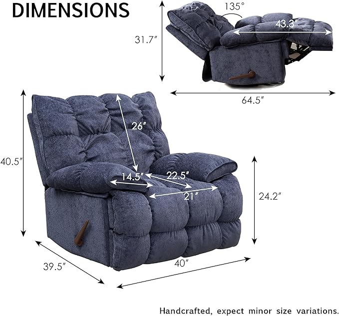 Dozzy Oversized Rocker Recliner ChairOverstuffed Rocking Chair with Breathable Velvety Fabric Soft Padded Headrest and Armrest Manual Recliner Extra Large Living Room Chair Up to 350 LBS (Blue)