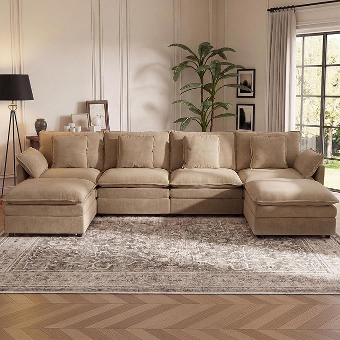 YDN 148 Couch Sofa Sectional Couches for Living Room Cloud Couch with Movable Ottoman Modular U Shaped Sofa Set Khaki