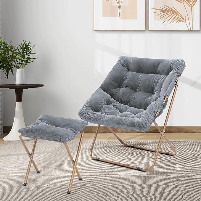 Cozy Saucer Chair Living Room Chair Faux Fur Soft Thick Padded Folding Chair Comfortable Square Moon Chair for Living Room Bedroom Reading Nook Modern Style 2 Pack Gray