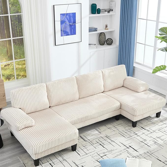 114 Cloud Couch Modular Sectional Sofa Convertible U-Shaped Sofas Couches with Double Chaise Lounge Corduroy Upholstery Sofa Double Cushions Deep Seat Couchs for Living Room White