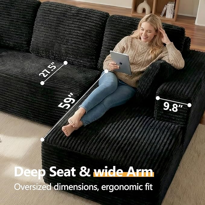 104” Boneless Couches for Living Room Modular Cloud Sectional Sofa with Chaise Deep Seat Upholstered No Assembly Required(Black L Shape with Right FacingChaise)