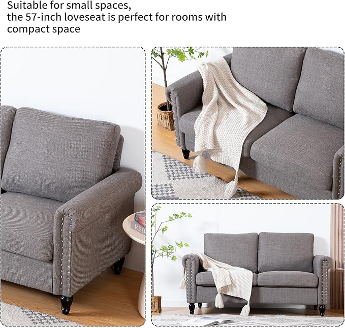 J.C.UP 57'' Loveseat Sofa CouchSmall Couches for Living Room with Linen FabricComfy Upholstered Love Seat Sofa Couches for Bedroom with Solid Wood Legs2 Seater mini Modern Couch for Small Spaces