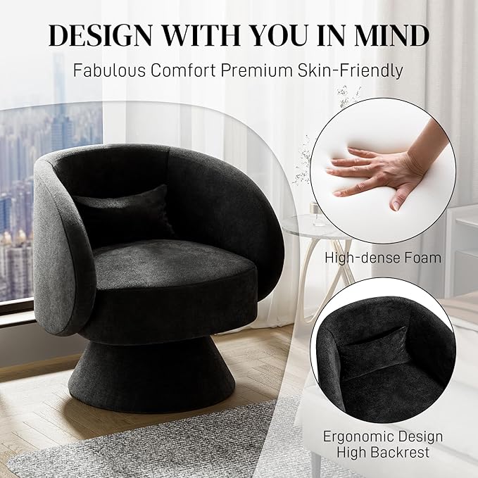 Swivel Barrel Chair Set of 2 Upholstered Swivel Cuddle Accent Chairs for Living Room Comfy 360 Degree Modern Small Round Armchair for Bedroom Office (Black Linen)