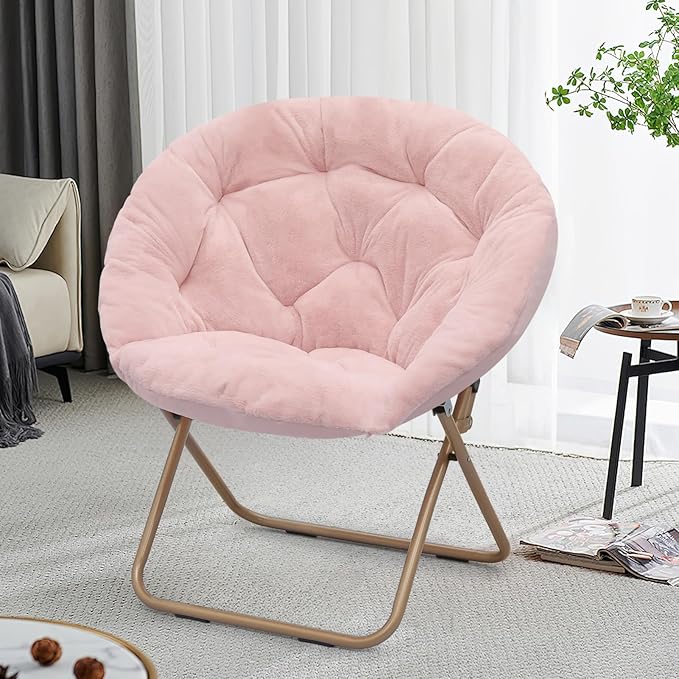 Round Comfy Saucer Chair Metal Frame Cozy Lounge Lazy Chair Folding Faux Fur Saucer Chair for Adults Foldable Papasan Moon Chair for Bedroom Living Room Dorm (Pink Seat/Gold Stand)