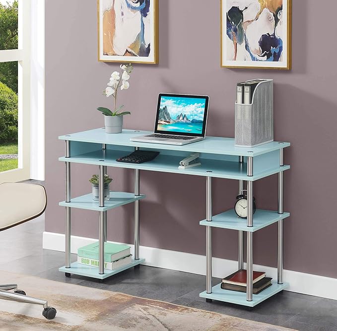 Convenience Concepts Designs2Go No Tools Desk Home Office Desk with Shelves Corner Shelf Vanity Desk Computer Desk Nail Table for Nail Tech - 47.25 L x 15.75 W x 30 H Sea Foam
