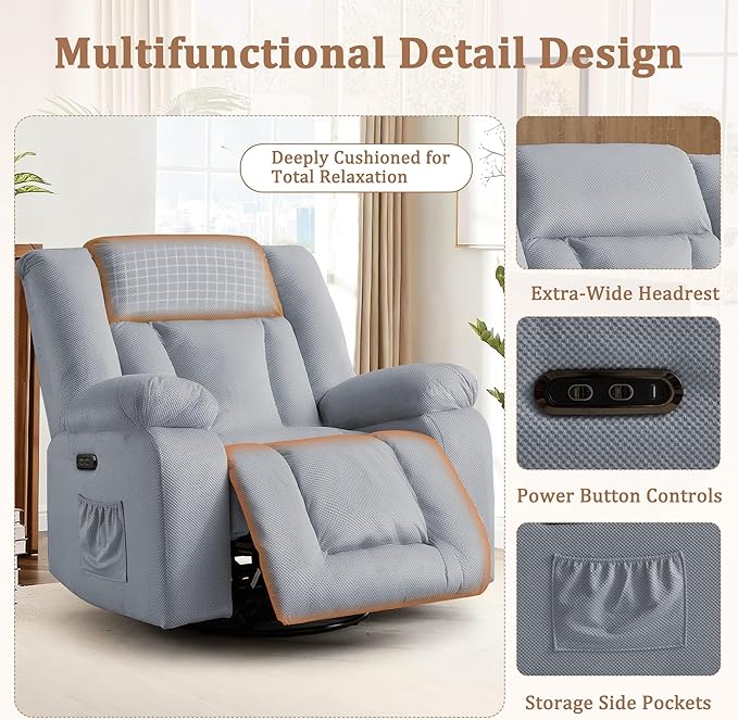 Rocker Recliner Chairs for Adults Swivel Rocking Chair with Heat and Massage Modern Electric Recliner with Extra Wide Waffle Fabric Massage Chair Recliner for Living Room Bedroom