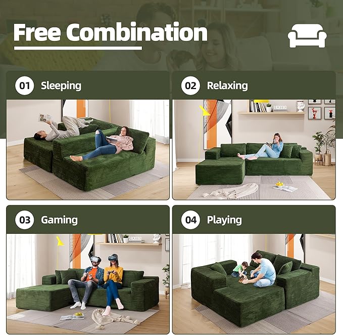 HOMREST 106 Cloud Sectional Couch with Chaise Lounge L-Shape Modular Sectional Boneless Sofa with Deep Seat Upholstered Couches for Living Room Bedroom No Assemble Green (Plush Corduroy Fabric)
