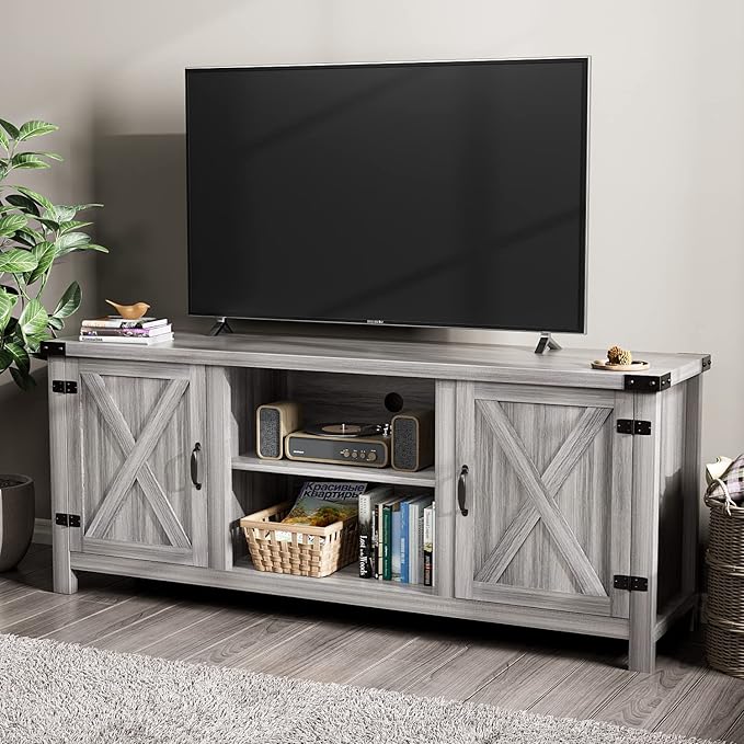 YESHOMY Modern Farmhouse TV Stand with Two Barn Doors and Storage Cabinets for Televisions up to 65+ Inch Entertainment Center Console Table Media Furniture for Living Room 58 Inch Gray Wash
