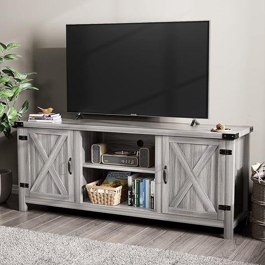 YESHOMY Modern Farmhouse TV Stand with Two Barn Doors and Storage Cabinets for Televisions up to 65+ Inch Entertainment Center Console Table Media Furniture for Living Room 58 Inch Gray Wash