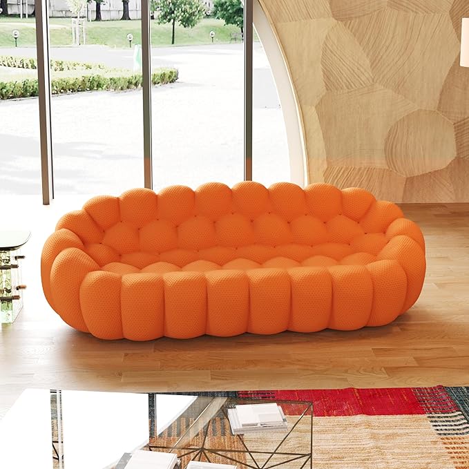 JACH Bubble Curved Couch 98.43'' Comfy Upholstered Sofa Mesh Fabric Floor Sofa 3D Honeycomb Shape Modern Couch for Living Room Office Apartment Small Space (3 Seater Orange)