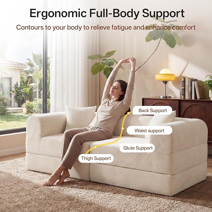 74.8’’ Boneless Modular Convertible Sofa Bed Fold-Out Floor Couch Loveseat All-Foam Futon Mattress Couch Corduroy Sleeper Sofa for Living Room &amp Small Spaces No Assembly Required Beige