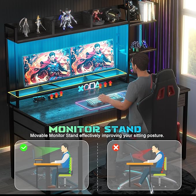 Aheaplus Desk with LED and Outlets Gaming Desks with Hutch 55.2'' Computer Desk with Drawers Reversible Office Desk with Storage Bookshelf Large Workstation with Shelf Desk for Home Black Oak