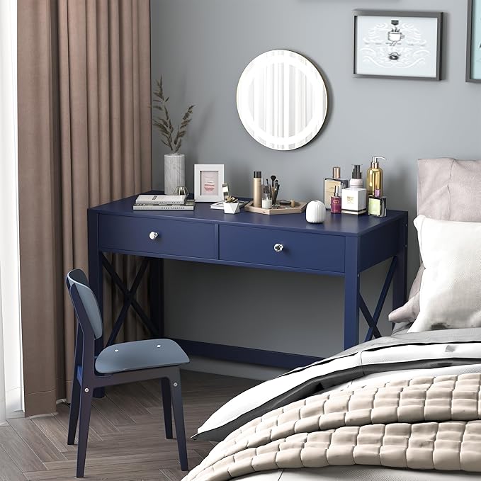 WiberWi Home Office Desk with Drawers Modern Writing Computer Desk for Bedroom Small Navy Makeup Vanity Table Study Table