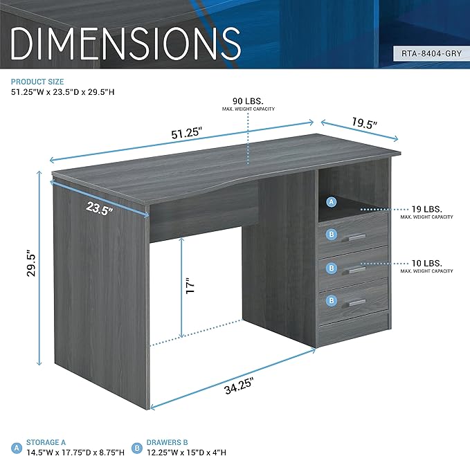 51 Classic Computer Desk with Drawers 3-Drawer Home Office Desk with Storage Grey