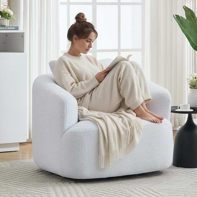 Swivel Accent Chair360° Rotating Barrel ChairTeddy Fleece High-Resilience Sponge Single Sofa Easy Assembly for Living Room Bedroom Apartment White
