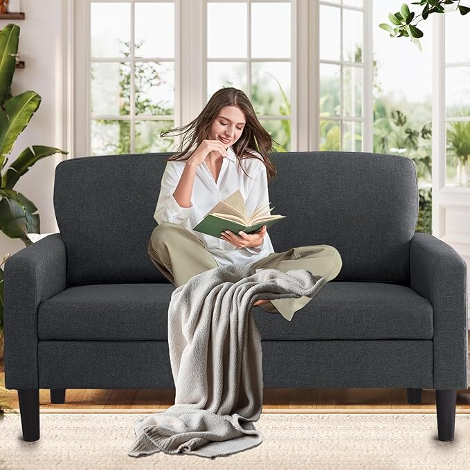 Flesser 53-Inch Loveseat Sofa Dark Grey Small Couch for Small Spaces Linen Fabric Love Seat 2 Seater Sofa for Bedroom Dorm Room Offices All-Wood Couch Tool-Free