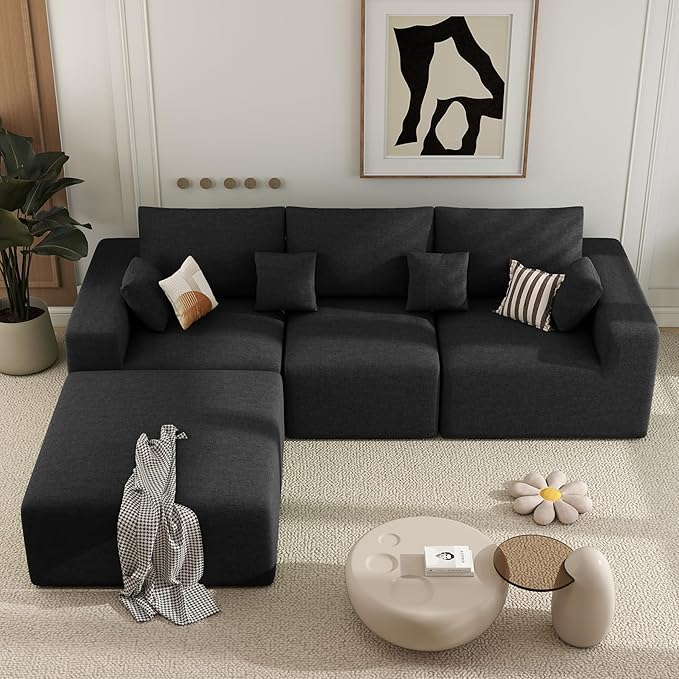 113 Modular Sectional Sofa Convertible L-Shaped Cloud Couches for Living Room with Ottoman 4 Seater Chenille Boneless Couch Sofa Set No Assembly Required Black 1 PCS