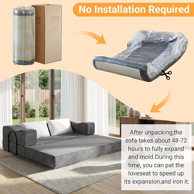 80 Foldable Chenille Futon Sofa Bed 4-in-1 Convertible Couch with 2 Pillows King-Size Floor Lounger for Living Room Guest Room Dorm - No Assembly (Gray 80in)
