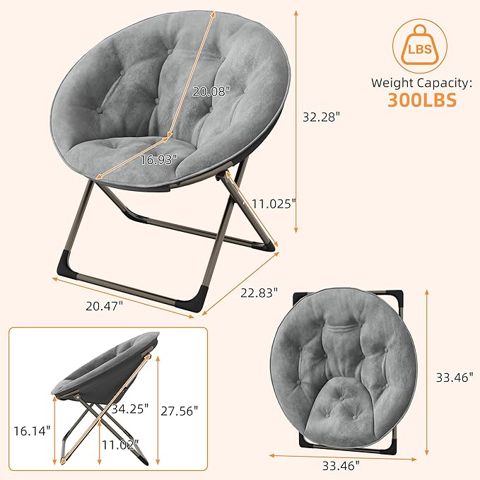 Saucer ChairFaux Fur Comfy Folding Chair with Folding Metal Frame Oversized Plush Flower Accent SeatLounge Moon Chair for Bedroom Dorm or Living RoomGrey