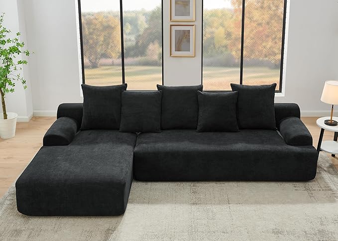 Modular Sectional Sofa Boneless Couch 110'' Comfy Velvet L-Shape Cloud Couch with Deep Seat Modern Minimalist Upholstered Compressed Sofa Cloud Sectional Couches for Living Room Black