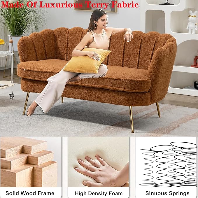 Modern Boucle Loveseat CouchFuton Small Sofa with Gold Metal Legs 2-Seater Upholstered Mini Sofa Couches for Small SpaceLiving Room Bedroom Office Dorm Studio Apartment Love Seat Couche(Brown)