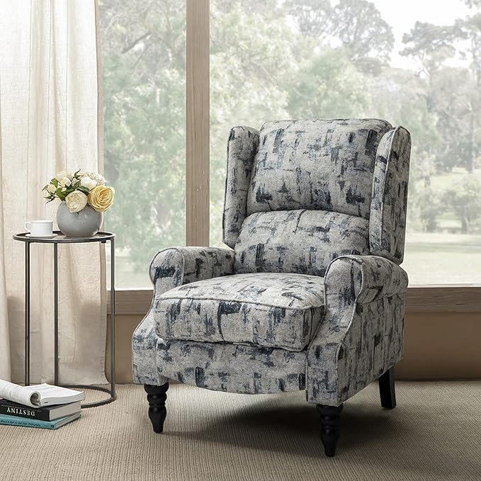HULALA HOME Upholstered Wingback Recliner Chair Small Adjustable Footrest Push Back Single Reclining Sofa Mid Century Modern Lounge Armchair for Living Room Bedroom Reading/Grey