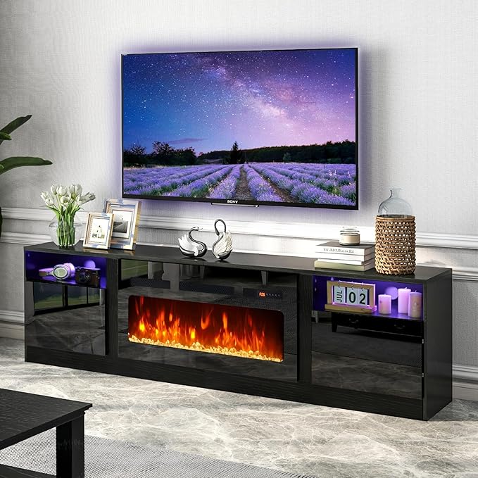oneinmil 80” TV Stand with 36” Electric Fireplace Large Modern Media Entertainment Center with Storage Cabinet and 12 Colors LED Lights for TVs Up to 90 Black+Black