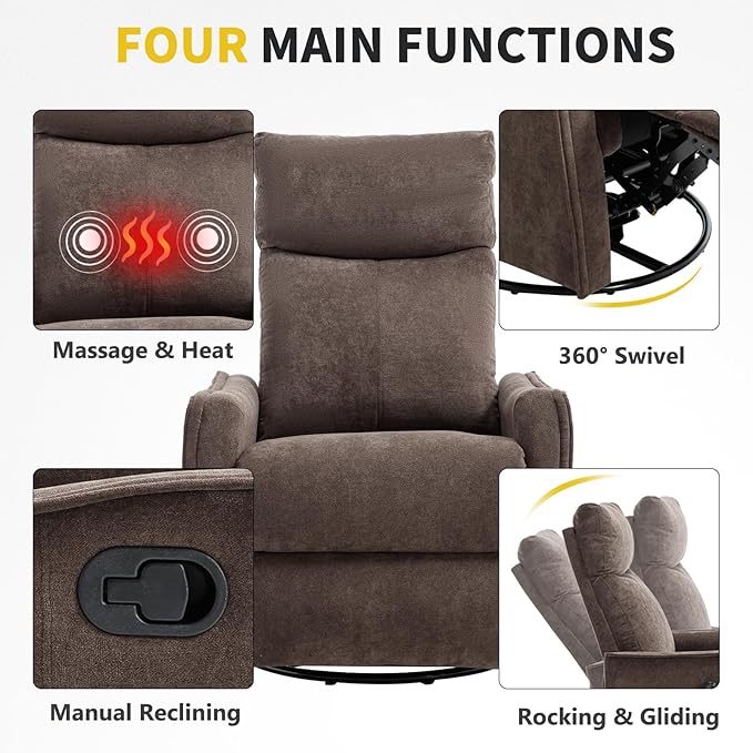Swivel Rocker Recliner Chair 360° Swivel Recliner with Heat and Massage Rocker Recliner Easy to Clean Nursery Glider Recliner Chair with Side Pockets for Living Room Brown