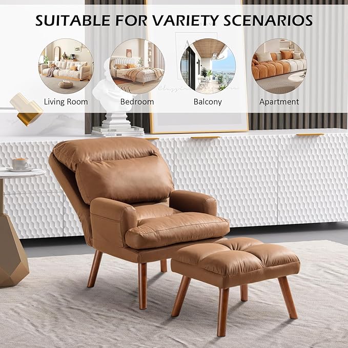 CANMOV Modern Accent Chair with Ottoman Soft Fabric Armchair with Adjustable Backrest and Side Pockets Comfy Lounge Chair for Living Room Bedroom Apartment Office Camel