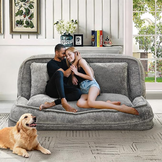 Human Dog Bed Lazy Sofa Couch Plush Floor Gaming Chair5 Adjustable Position sit Sleep fold Suit to Put in Bedroom Living RoomSpace Saving Design (Gray 2 Seat)