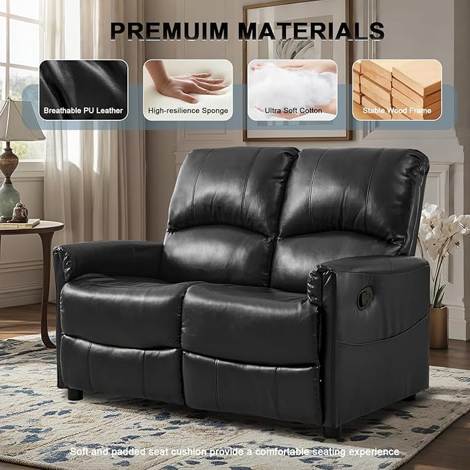 48 Manual Recliner Chair Set PU Leather Upholstered Reclining Sofa Chair with Cup Holders Side Pockets for Living Room Furniture Rest Reading Watching TV (Black Loveseat)