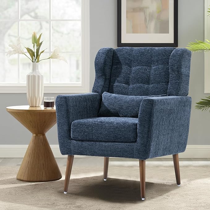 Modern Accent Chair Chenille Fabric Upholstered Tufted Side Chair Wingback ChairMid Century Reading Armchair with Waist Pillow Backrest for Living Room Bedroom (Dark Blue)