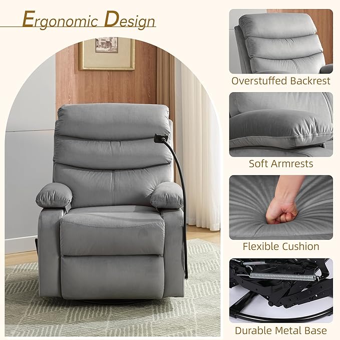 Swivel Rocker Recliner Chair Rocking Recliner Chair with Velvet Fabric Small Manual Reclining for Living Room Nursery Bedroom RV Light Gray