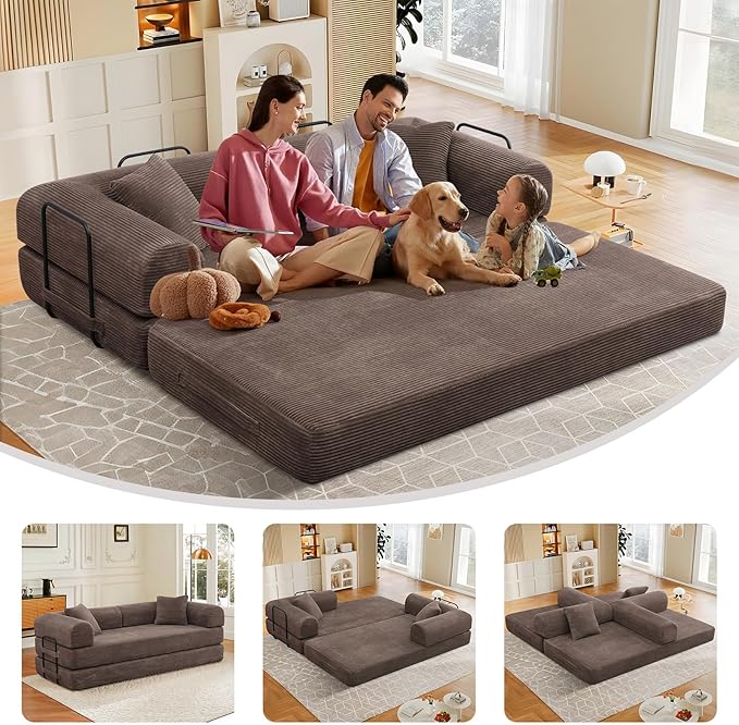 78 Convertible Sleeper Sofa Bed with Cylindrical Pillow Corduroy Folding Mattress Couch with Fixed Frame Floor Sofa Lounge Couch for Living Room Bedroom Apartment Brown