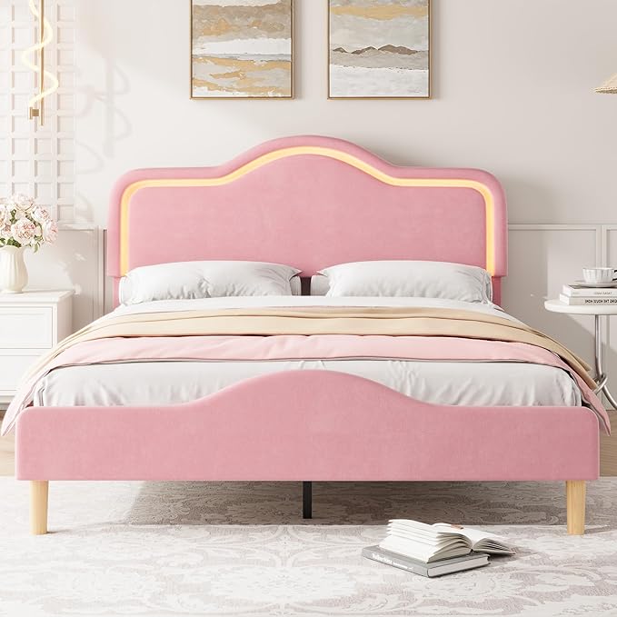 IDEALHOUSE Queen Size Bed Frame with LED Lights Velvet Upholstered Platform Bed with Adjustable Headboard for Kids/Girls Wooden Slats Support No Box Spring Needed Pink