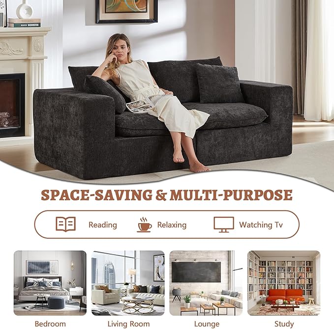 78” Cloud Loveseat Sofa with Cushions Boneless Couch in a Box Chenille Foam Couch for Bedroom Living Room Apartment Modern Small No Assembly (Black)
