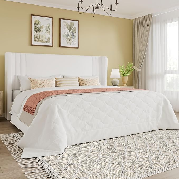 SHA CERLIN King Size Velvet Upholstered Platform Bed Frame with Vertical Channel Tufted Wingback Headboard Wooden Slats Support Easy Assembly Under Bed Storage No Box Spring Required White