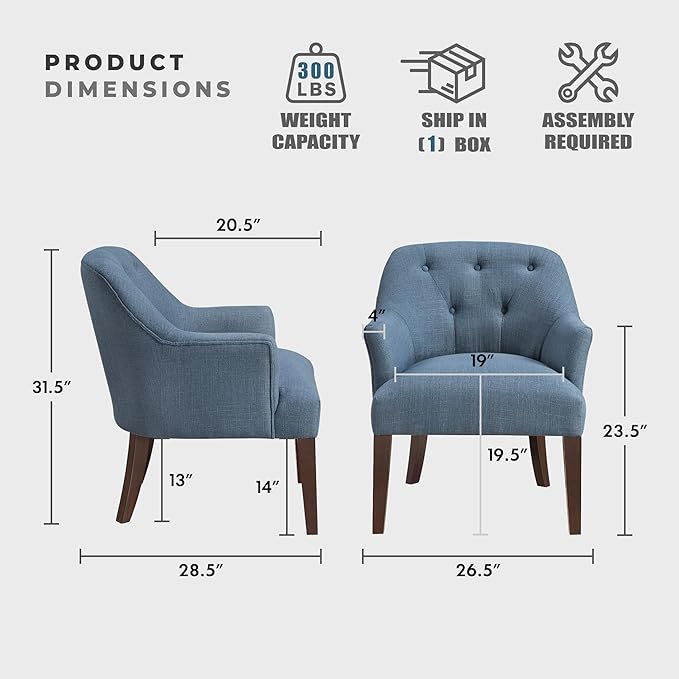 Lexicon Modern Accent Chair Textured Fabric Upholstered Arm Chair with Button Tufted Back Sloped Flared Arms and Wooden Legs for Living Room/Bedroom Blue